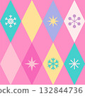 Retro snowflake diamond pattern geometric background with pastel pink yellow turquoise teal color scheme featuring winter holiday decoration seasonal repeating motif, seamless pattern 132844736