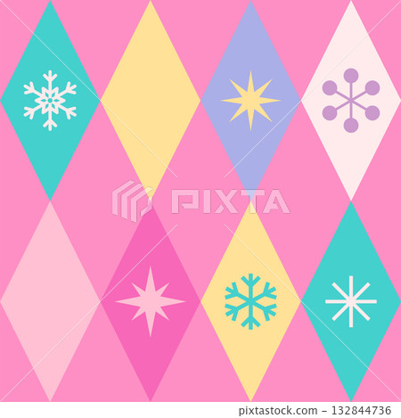 Retro snowflake diamond pattern geometric background with pastel pink yellow turquoise teal color scheme featuring winter holiday decoration seasonal repeating motif, seamless pattern Retro snowflake diamond pattern geometric background with pastel pink yellow turquoise teal color scheme featuring winter holiday decoration seasonal repeating motif, seamless pattern 132844736