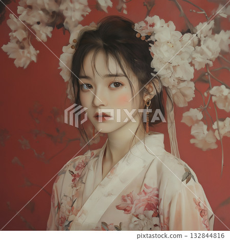 A young woman in a kimono stands in front of cherry blossoms 132844816