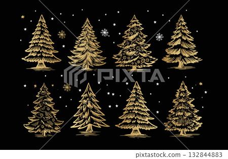 Christmas gold tree set on black. Hand drawn illustration.	 132844883