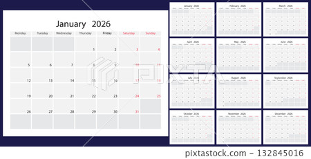 Monthly Calendar Layout for the Year 2026 on a Clean Dark Blue Background. 132845016