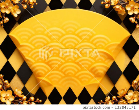 金色背景，黑色點綴，梅花圖案 132845171