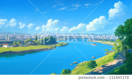在陽光明媚的日子裡，河流流經大城市的景象，動漫風格 132845178