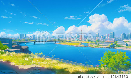 Spring scenery of a river flowing through a big city, anime style 132845180