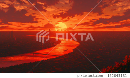 Landscape of a river flowing through a big city at sunset, anime style 132845181