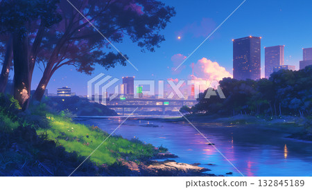 黃昏時分，河流流經大城市的景色，動畫風格 132845189