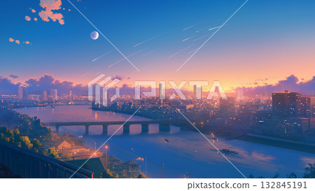 Evening view of a river flowing through a big city, anime style 132845191