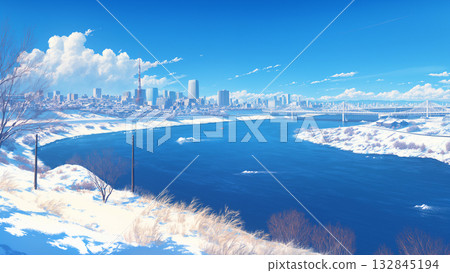 Scenery of a river flowing through a snowy metropolis, anime style 132845194