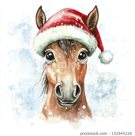 Festive watercolor horse with santa hat and snowflakes 132845226
