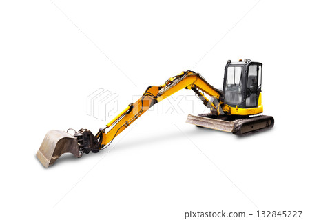 Mini excavator with a yellow body and a large digging bucket, isolated on a white background. Ideal for construction and landscaping projects. 132845227
