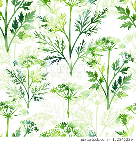 Seamless pattern with watercolor herbs, dill and parsley. Hand drawn. Not AI, vector illustration. Seamless pattern with watercolor herbs, dill and parsley. Hand drawn. Not AI, vector illustration. 132845229