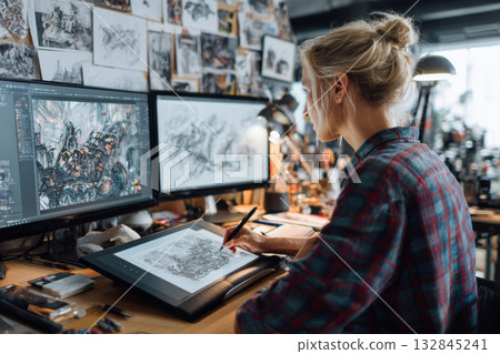 Artist drawing character concept on digital tablet in creative studio 132845241
