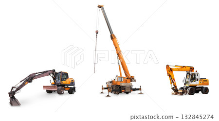 Collage of construction vehicles including a crane truck, wheeled excavator, and orange excavator isolated on a white background. Collage of construction vehicles including a crane truck, wheeled excavator, and orange excavator isolated on a white background. 132845274