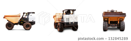 Mini dump truck displayed from multiple angles, featuring a yellow and black body, large wheels, and a sturdy design, isolated on a white background. 132845289