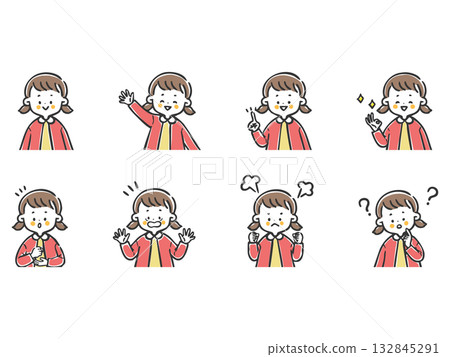 Illustration set of girls with various facial expressions, upper body, vector 132845291