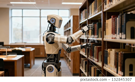 Robot Librarian Organizing Books Library Information Management Robot Librarian Organizing Books Library Information Management 132845307