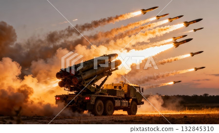 Multiple Rocket Launcher System Firing Salvo Battlefield Artillery Multiple Rocket Launcher System Firing Salvo Battlefield Artillery 132845310