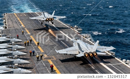 Aircraft Carrier Flight Deck Operations Jets Launching Combat Mission Aircraft Carrier Flight Deck Operations Jets Launching Combat Mission 132845317