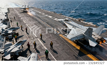 Aircraft Carrier Flight Deck Operations Jets Launching Combat Mission Aircraft Carrier Flight Deck Operations Jets Launching Combat Mission 132845327