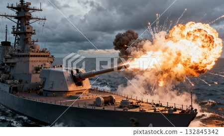 Battleship Firing Main Guns Naval Artillery Combat Action 132845342