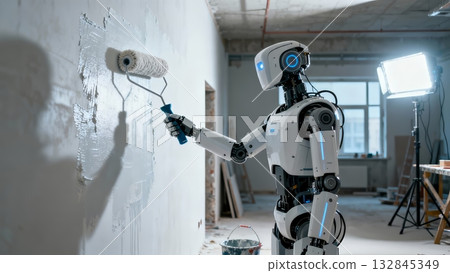 Humanoid Robot Painting Wall Construction Renovation Work Humanoid Robot Painting Wall Construction Renovation Work 132845349