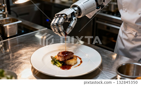 Robot Chef Plating Gourmet Dish Restaurant Kitchen Culinary Robot Chef Plating Gourmet Dish Restaurant Kitchen Culinary 132845350