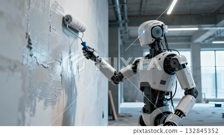 Humanoid Robot Painting Wall Construction Renovation Work Humanoid Robot Painting Wall Construction Renovation Work 132845352