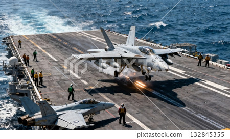Aircraft Carrier Flight Deck Operations Jets Launching Combat Mission 132845355