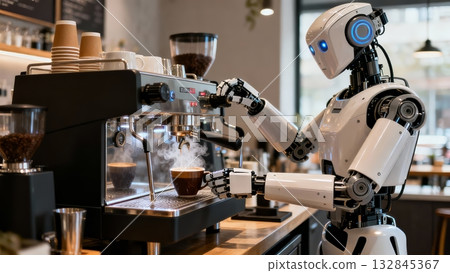 Humanoid Robot Barista Making Coffee in Cafe Service Industry 132845367