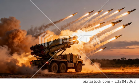 Multiple Rocket Launcher System Firing Salvo Battlefield Artillery Multiple Rocket Launcher System Firing Salvo Battlefield Artillery 132845368
