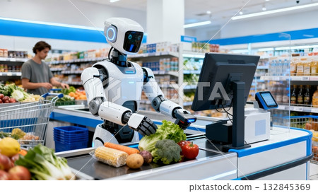 Robot Cashier Scanning Items Supermarket Checkout Retail Automation Robot Cashier Scanning Items Supermarket Checkout Retail Automation 132845369