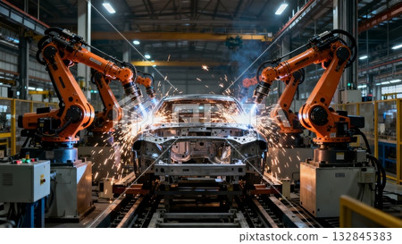 Robotic Arm Assembly Line Manufacturing Automotive Production 132845383