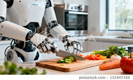 Humanoid Robot Cooking Meal in Modern Kitchen Domestic Assistant Humanoid Robot Cooking Meal in Modern Kitchen Domestic Assistant 132845388
