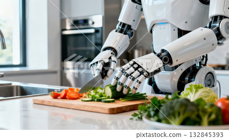 Humanoid Robot Cooking Meal in Modern Kitchen Domestic Assistant Humanoid Robot Cooking Meal in Modern Kitchen Domestic Assistant 132845393
