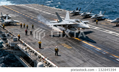 Aircraft Carrier Flight Deck Operations Jets Launching Combat Mission 132845394