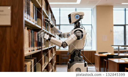 Robot Librarian Organizing Books Library Information Management Robot Librarian Organizing Books Library Information Management 132845399