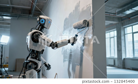 Humanoid Robot Painting Wall Construction Renovation Work Humanoid Robot Painting Wall Construction Renovation Work 132845400
