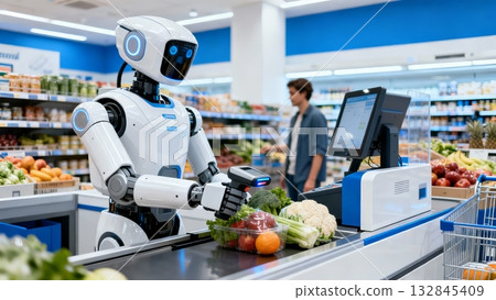 Robot Cashier Scanning Items Supermarket Checkout Retail Automation 132845409