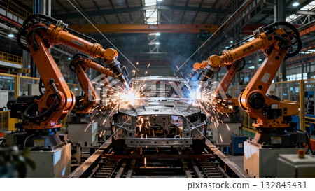 Robotic Arm Assembly Line Manufacturing Automotive Production Robotic Arm Assembly Line Manufacturing Automotive Production 132845431
