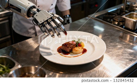Robot Chef Plating Gourmet Dish Restaurant Kitchen Culinary 132845432