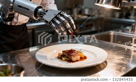 Robot Chef Plating Gourmet Dish Restaurant Kitchen Culinary 132845433