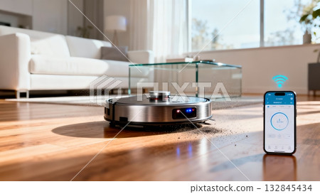 Robot Vacuum Cleaner Operating Modern Living Room Smart Home 132845434