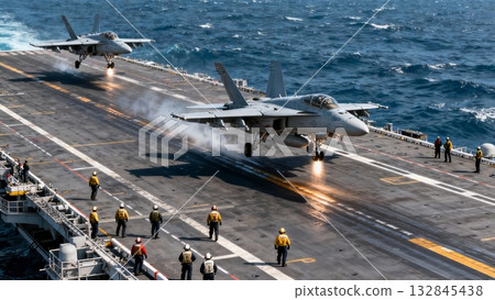 Aircraft Carrier Flight Deck Operations Jets Launching Combat Mission 132845438