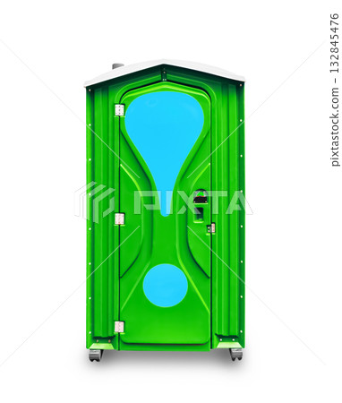 A bright green portable toilet (porta-potty) with a distinctive blue exclamation mark graphic on the door, isolated on white. 132845476