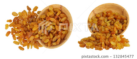 Yellow Raisins in wooden bowl isolated on white background. Top view. Flat lay, Yellow Raisins in wooden bowl isolated on white background. Top view. Flat lay, 132845477