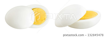 Boiled chicken egg isolated on white background. Top view. Flat lay Boiled chicken egg isolated on white background. Top view. Flat lay 132845478
