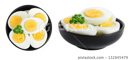 Boiled chicken egg in ceramic bowl isolated on white background. Top view. Flat lay Boiled chicken egg in ceramic bowl isolated on white background. Top view. Flat lay 132845479