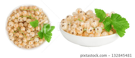white or yellow currant in ceramic bowl isolated on white background. Top view. Flat lay white or yellow currant in ceramic bowl isolated on white background. Top view. Flat lay 132845481