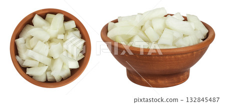 Onion slices in a ceramic bowl isolated on a white background. Top view. Flat lay. Onion slices in a ceramic bowl isolated on a white background. Top view. Flat lay. 132845487