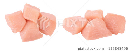 Raw diced chicken fillet isolated on white background. Top view. Flat lay Raw diced chicken fillet isolated on white background. Top view. Flat lay 132845496